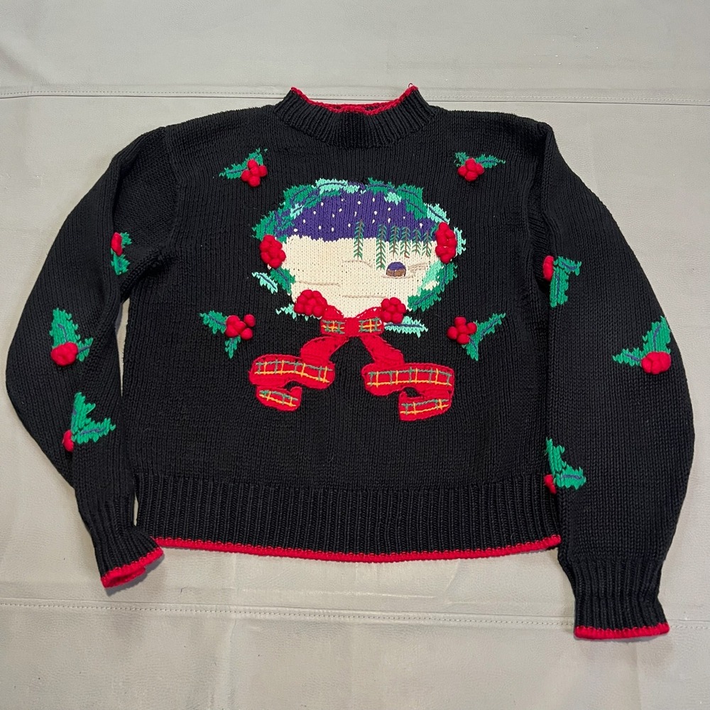 VTG Christmas Xmas Ugly Office Party Sweater Women Black Holiday Knit-M-4604‎